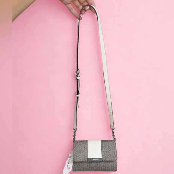 NWT Calvin Klein | Brown & White Monogram Crossbody Bag - Picture 2 of 14